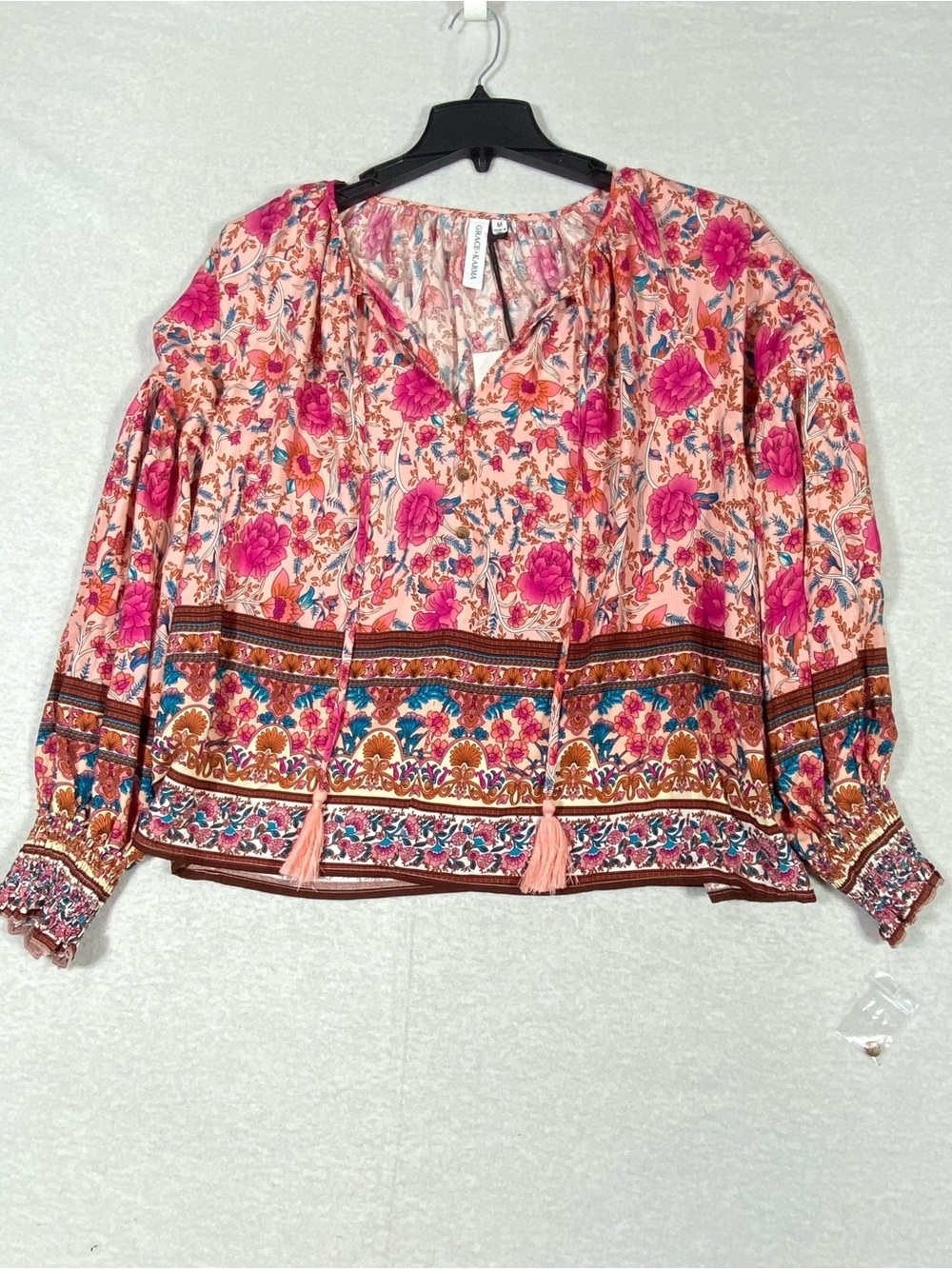 Grace + Karma Boho Foral Peasant Blouse Women's M Pink V-Neck Tassels Flowy NWT